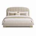 Lit a ressorts tapissier 160 x 200 cm en polyester beige avec tete de lit arrondie