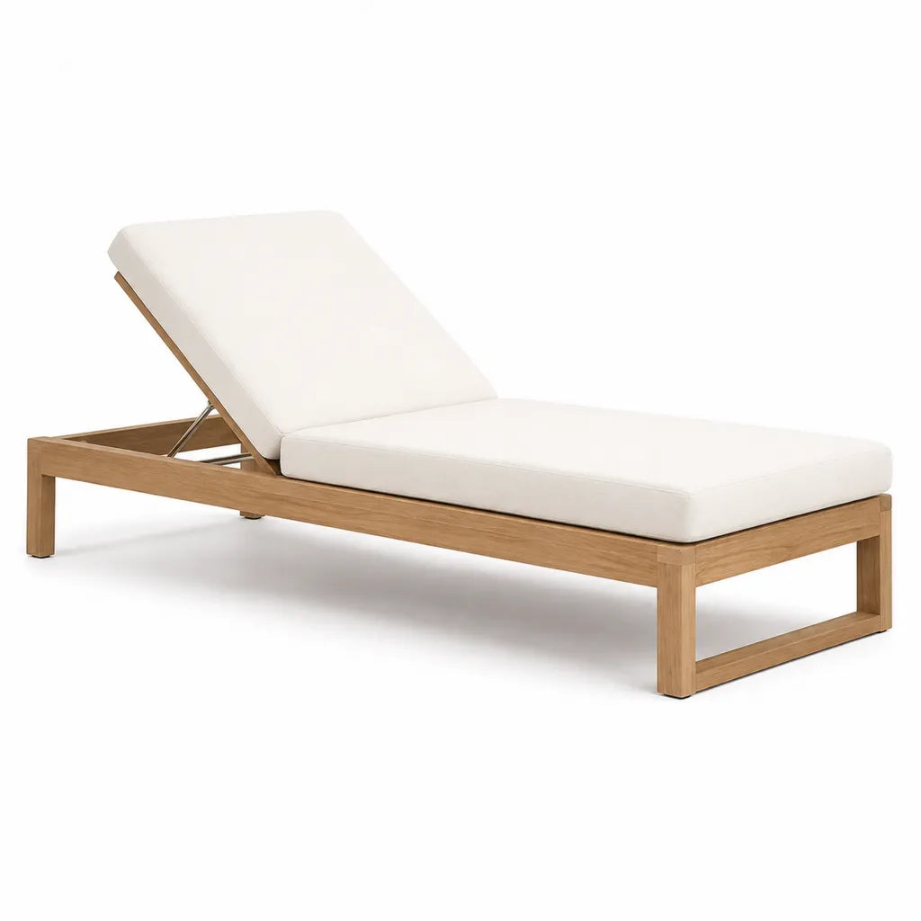 Bain de soleil inclinable en teck massif avec coussin blanc 200 x 65 x 30 cm