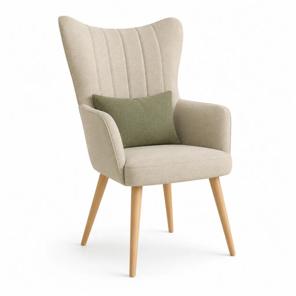 Fauteuil a oreilles avec coussin 70 x 78 x 110 cm en polyester beige et vert kaki