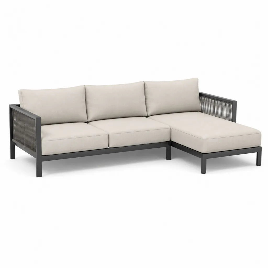 Canape de jardin d'angle droit 3 places en aluminium et corde polyester beige noir 220 x 150 x 75 cm