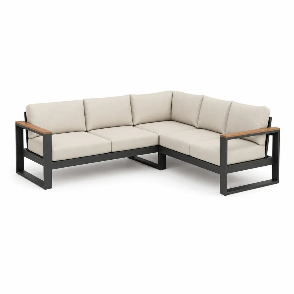 Canape de jardin d'angle 4 places en aluminium et acacia beige et noir 250 x 250 x 65 cm