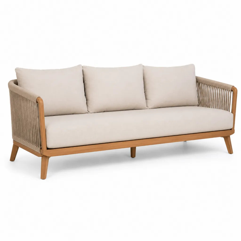 Canape de jardin 3 places droit 200 x 80 x 75 cm en bois massif d'acacia avec corde polyester beige