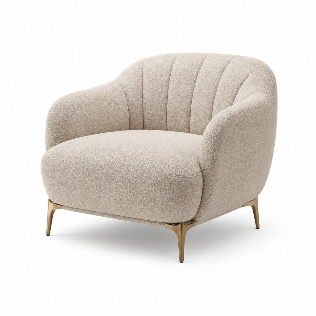 Fauteuil de salon arrondi en polyester bouclette beige avec pieds en acier 92 x 85 x 78 cm