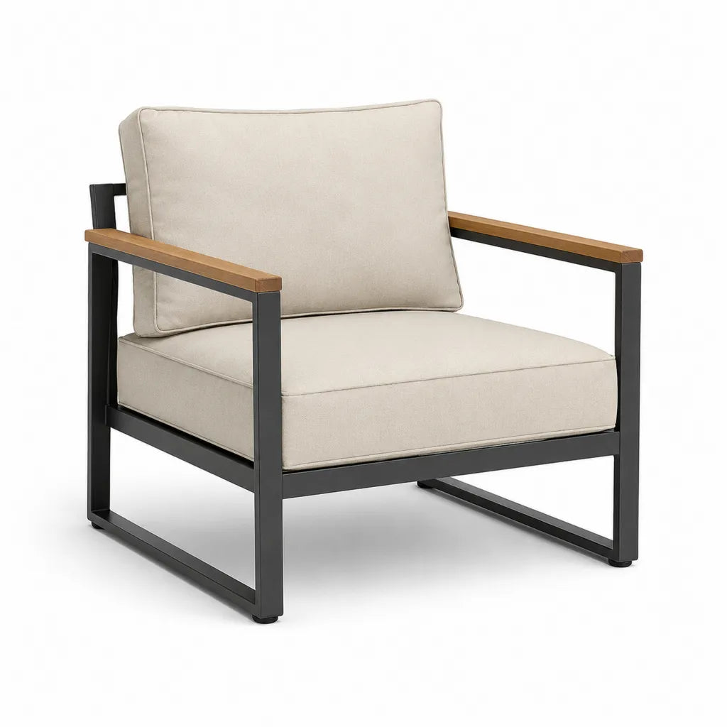 Fauteuil de jardin 1 place en aluminium et acacia beige noir 75 x 78 x 78 cm