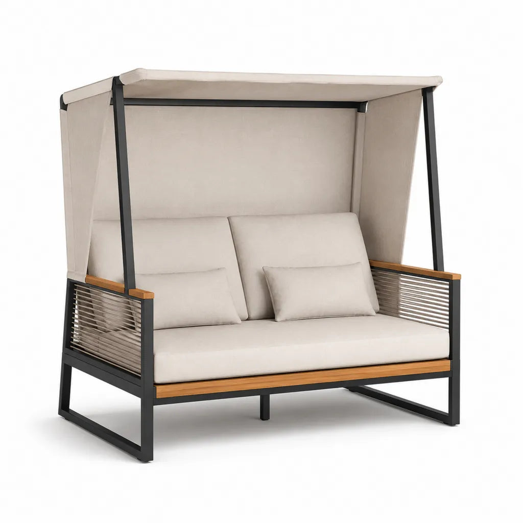 Canape de jardin 2 places a baldaquin rectangulaire en aluminium et polyester beige 150 x 90 x 200 cm