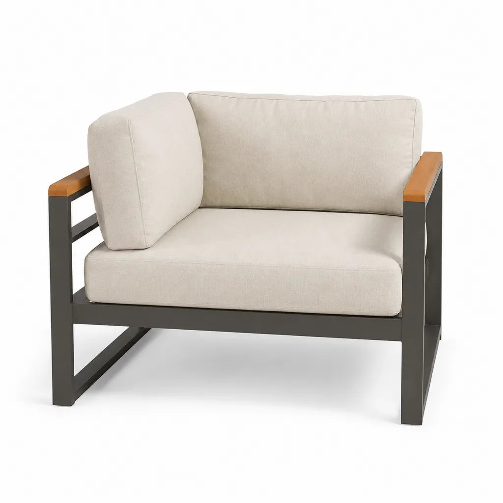 Fauteuil de jardin 1 place avec coussins en polyester beige structure en aluminium et acacia 82 x 78 x 68 cm
