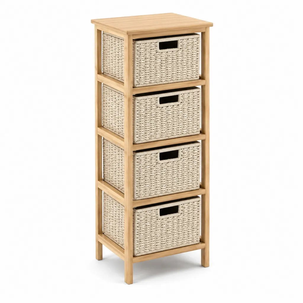 Commode haute a 4 tiroirs en bambou et jacinthe d'eau naturelle 40 x 30 x 100 cm beige