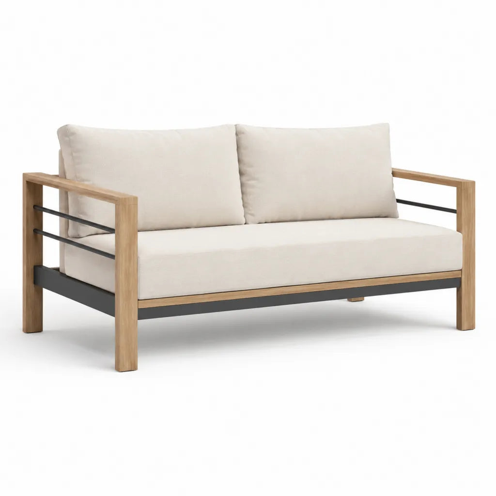 Canape de jardin 2 places en bois d'acacia et acier 140 x 75 x 75 cm beige naturel