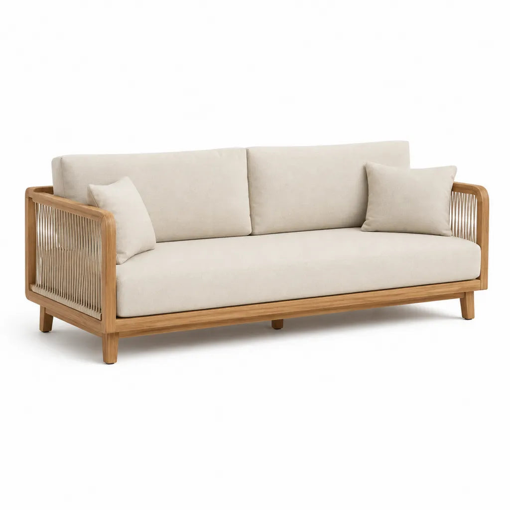 Canape de jardin 3 places en bois d'acacia et corde tressee beige 200 x 80 x 75 cm