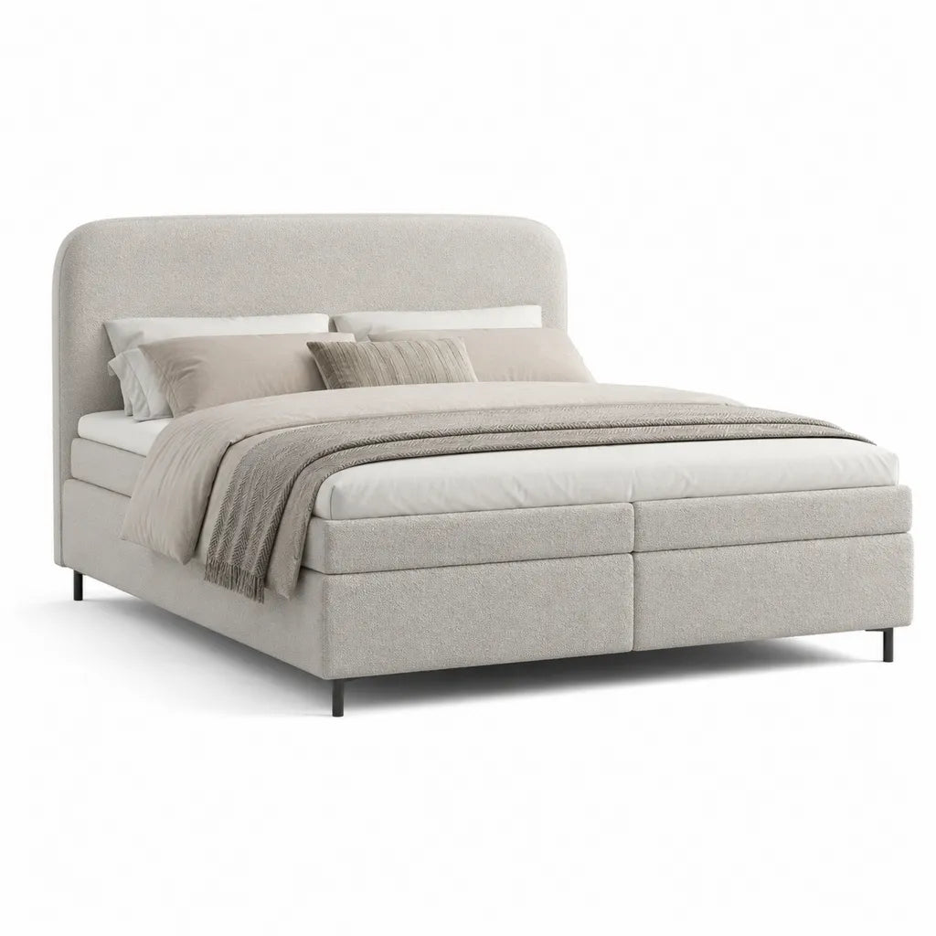 Lit boxspring 180 x 200 cm capitonne en polyester gris clair avec tete de lit arrondie