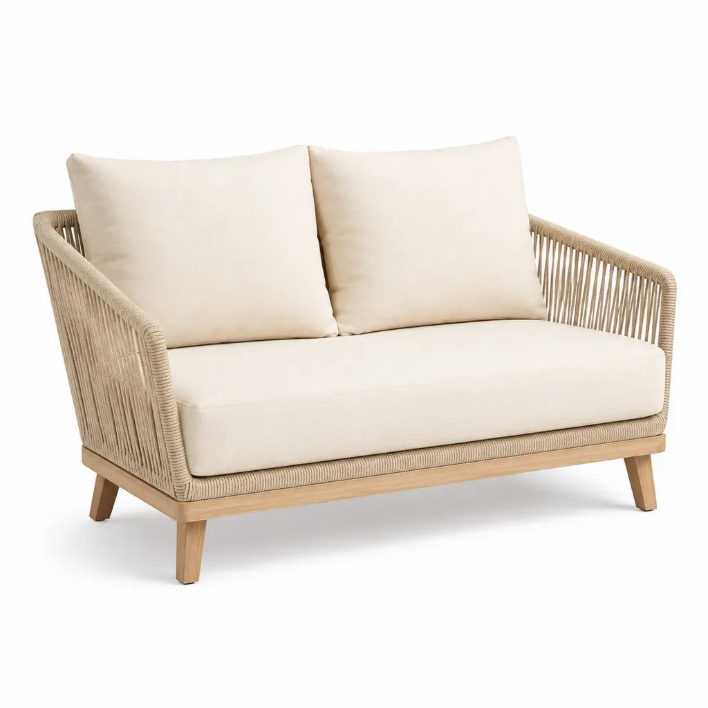 Canape de jardin 2 places droit en bois d'acacia et corde tressee beige 140 x 75 x 76 cm
