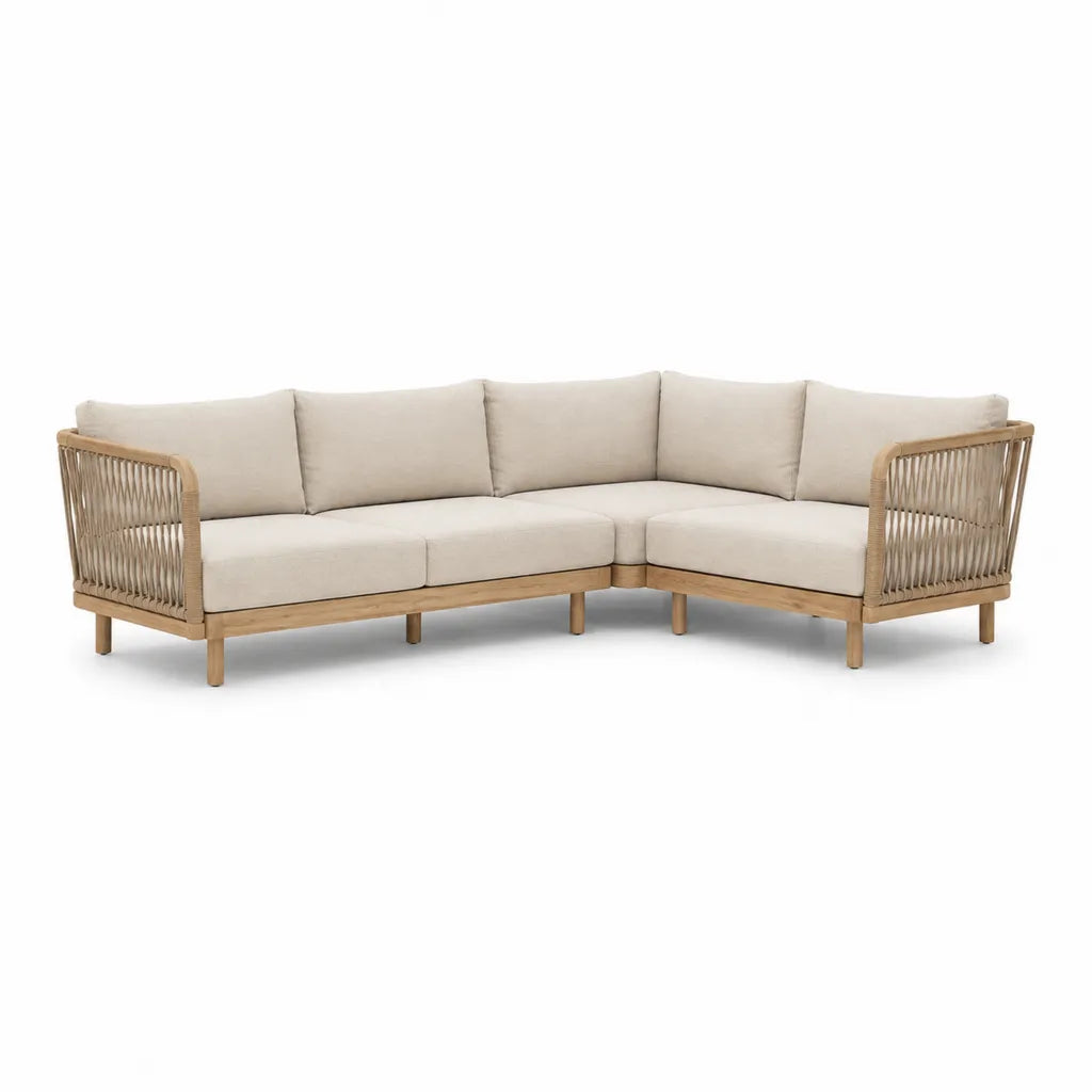 Canape de jardin d'angle 5 places en acacia massif et corde PP beige naturel 270 x 210 x 75 cm