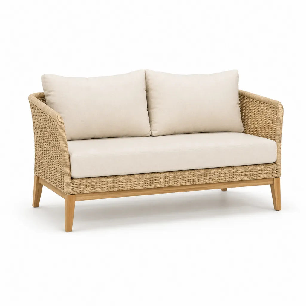Canape de jardin 2 places rectangulaire en rotin synthetique beige avec coussins 130 x 75 x 78 cm