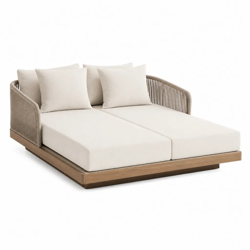 Bain de soleil double rectangulaire 170 x 160 x 75 cm en acacia massif et corde PP beige naturel